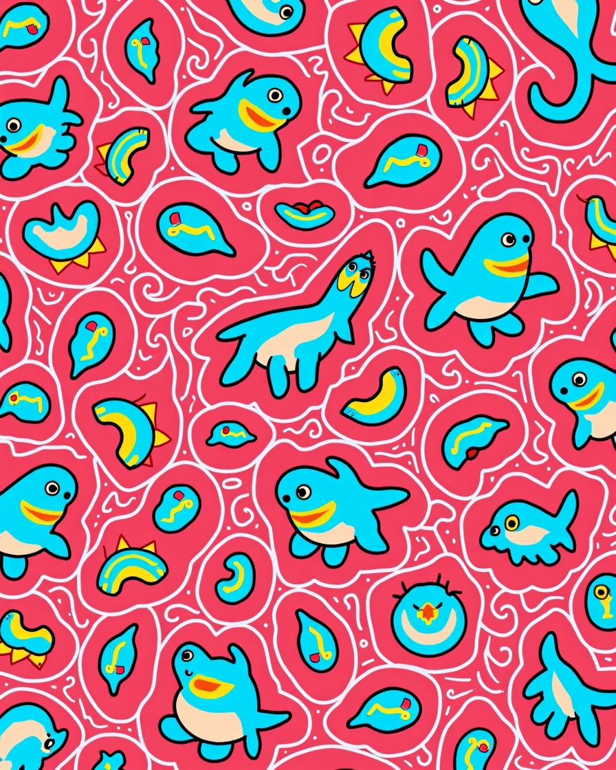 Whimsical Blue Creatures Swirls Bright Red Rug