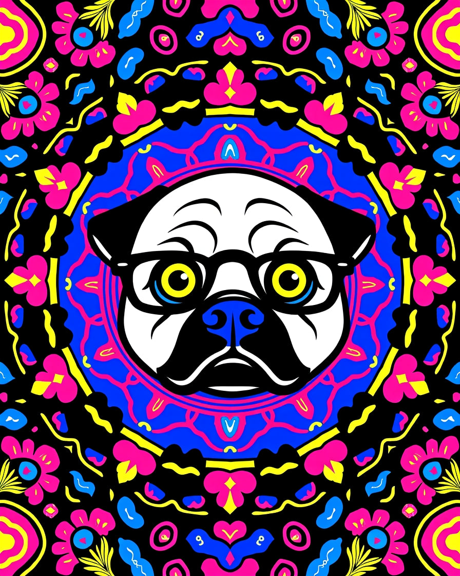 Vibrant Pug Mandala Black Floral Rug