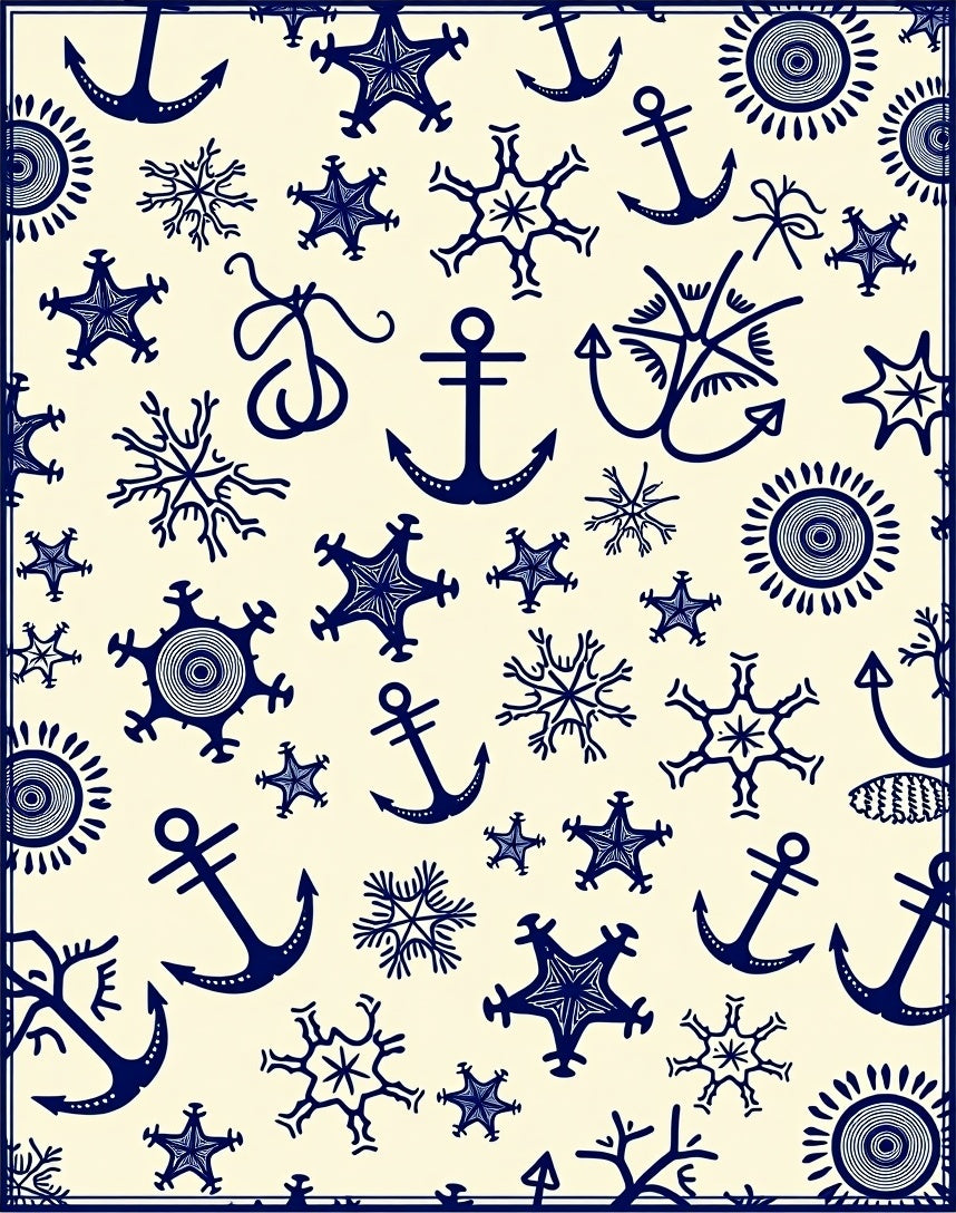 Nautical Navy Anchors Sunburst Snowflakes Rug