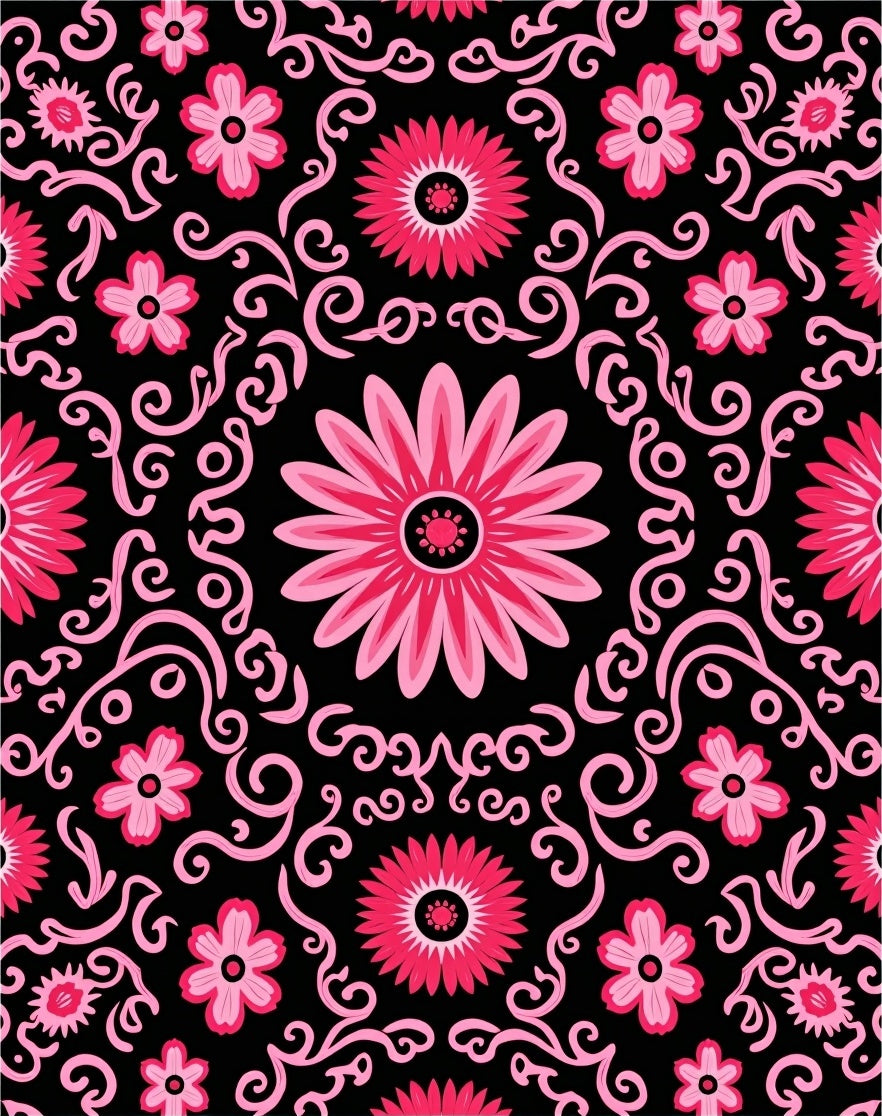 Bold Pink Floral Swirls Black Rug