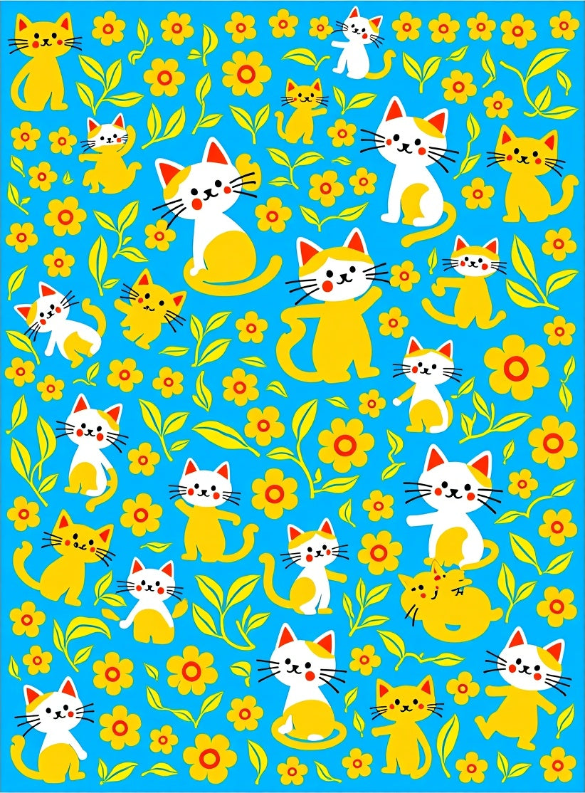 Blue Yellow Cat Floral Whimsy Rug