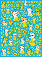 Blue Yellow Cat Floral Whimsy Rug