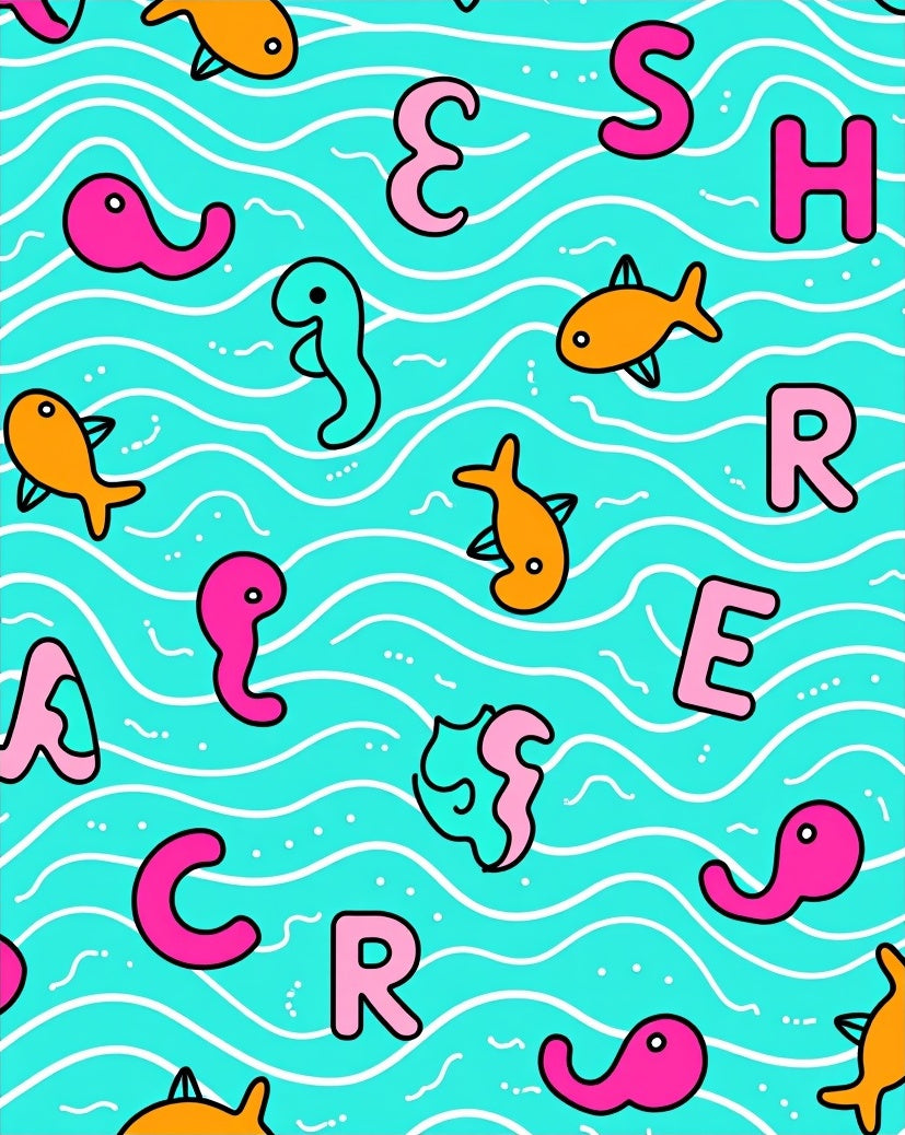 Whimsical Teal Fish Alphabet Collage Rug