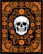 Monochromatic Orange Floral Skull Border Rug