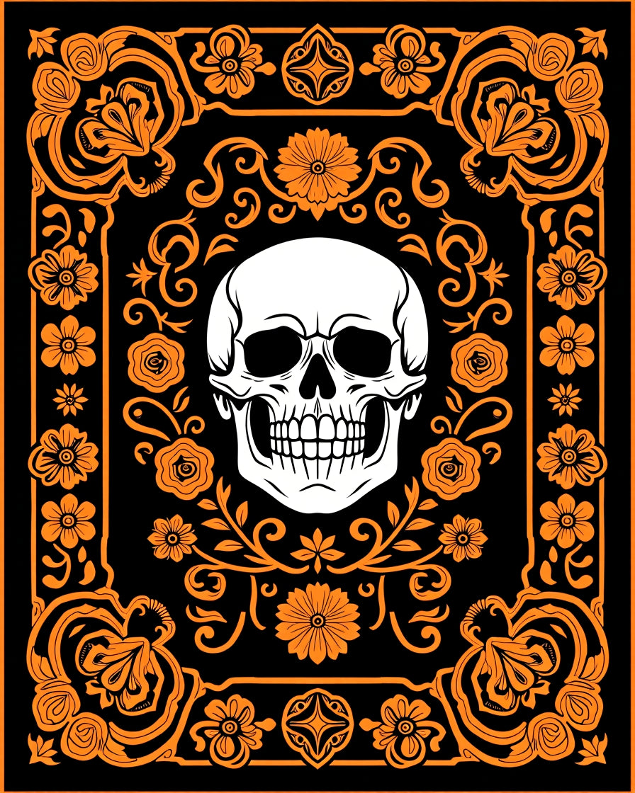 Monochromatic Orange Floral Skull Border Rug