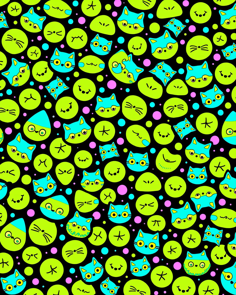Bright Teal Cats Green Faces Black Background Rug