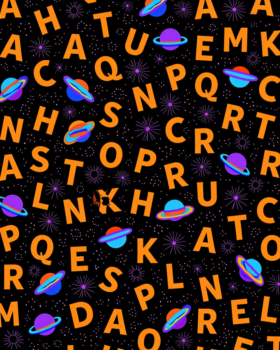 Cosmic Alphabet Orange Planets Black Rug
