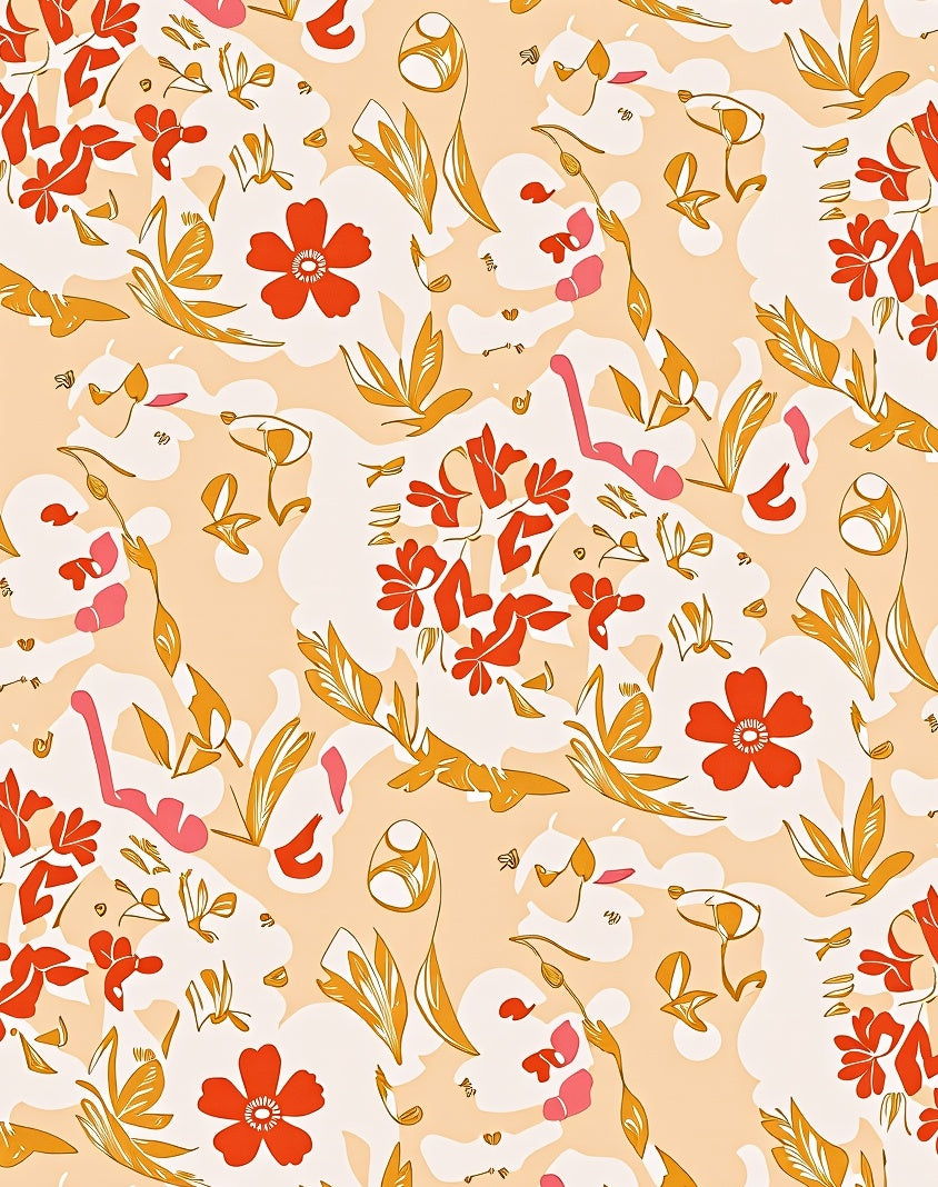Red Orange Floral Abstract Swirl Rug