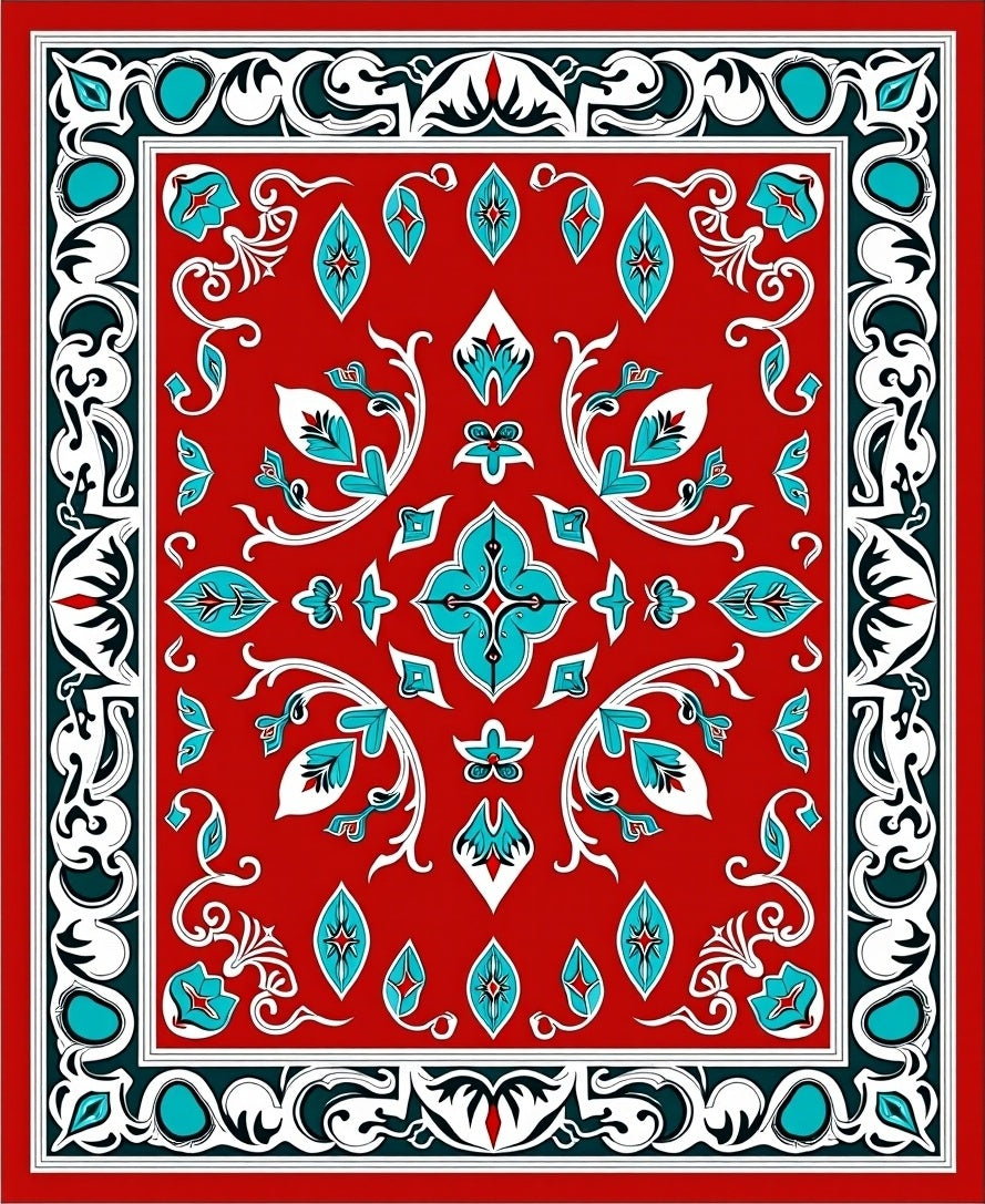 Crimson Teal Floral Medallion Border Rug