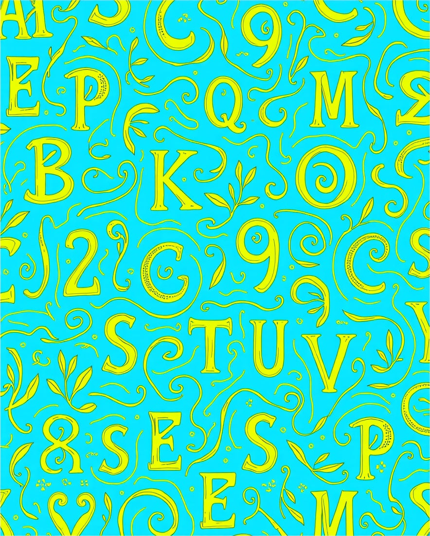 Yellow Alphabet Swirls on Aqua Background Rug
