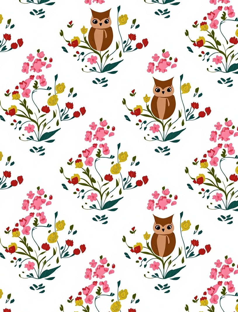 Whimsical Owl Pink Floral Meadow Rug