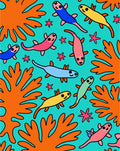 Playful Creatures and Coral Reef Scene Rug