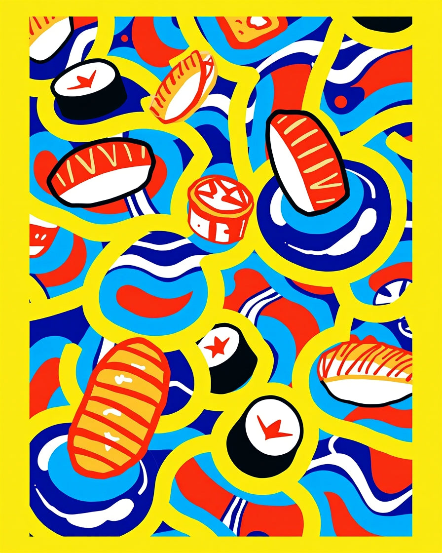 Vibrant Yellow Sushi Wave Collage Rug