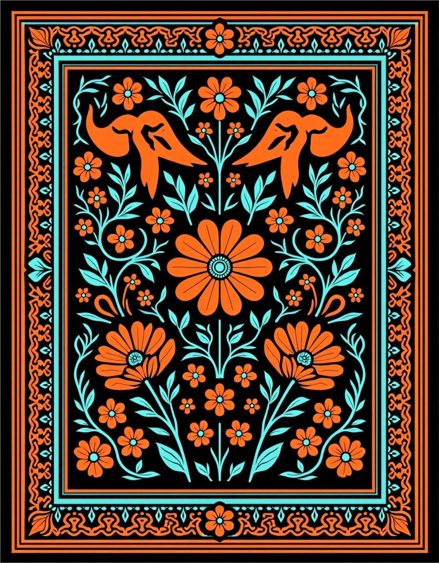 Orange Teal Floral Animal Garden Rug