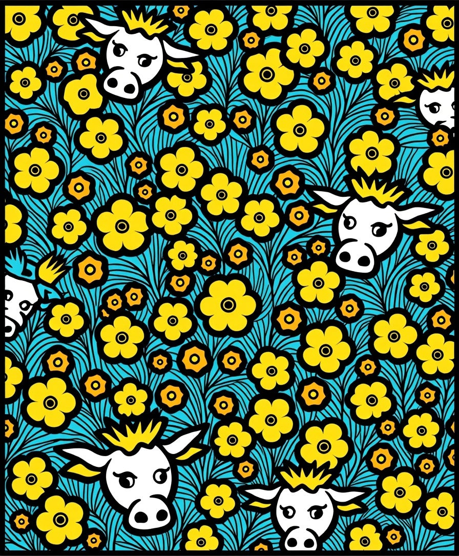 Whimsical Yellow Cow Floral Field Rug