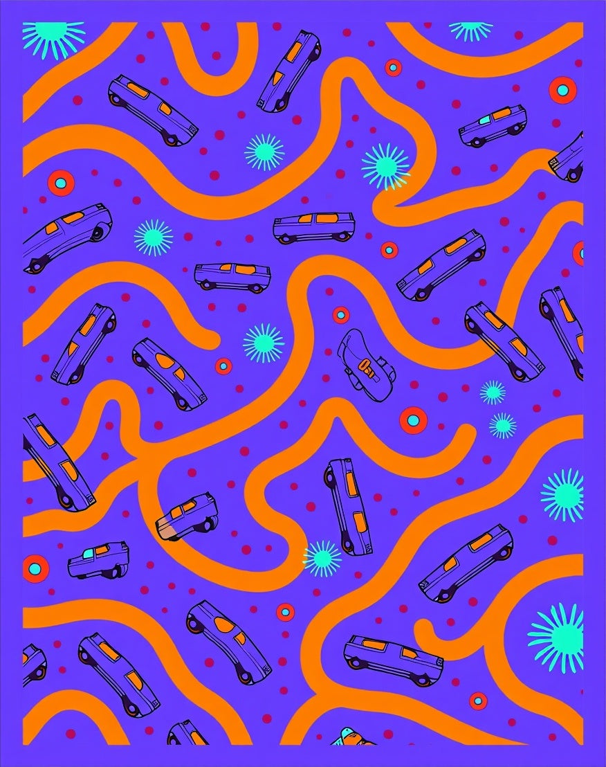 Retro Purple Car Road Trip Rug