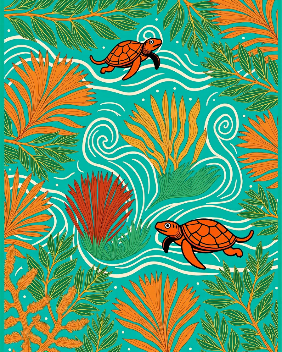 Vibrant Orange Turtle Tropical Teal Whimsical Rug