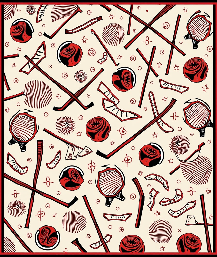 Vibrant Red Hockey Stick Puck Graphic Rug
