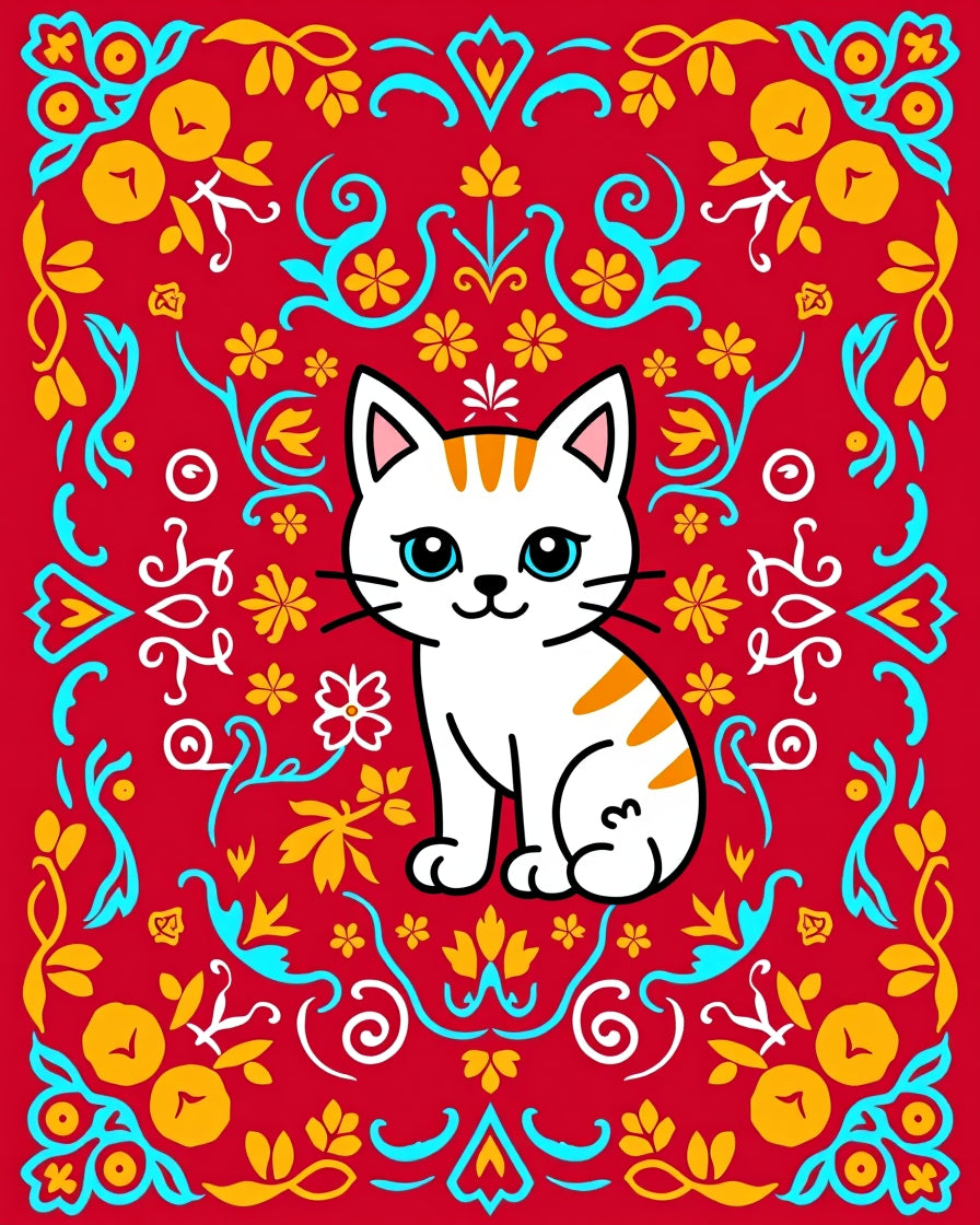 Cute Red Floral Cat Illustration Rug