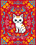 Cute Red Floral Cat Illustration Rug