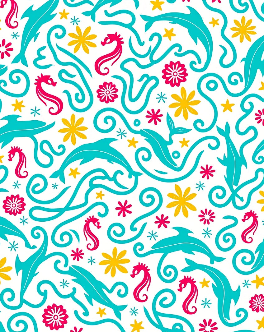 Aqua Dolphins Pink Seahorses Yellow Flowers Rug