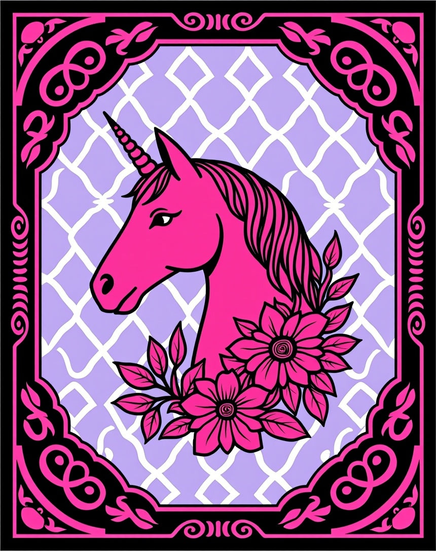 Vibrant Pink Unicorn Floral Lattice Frame Rug