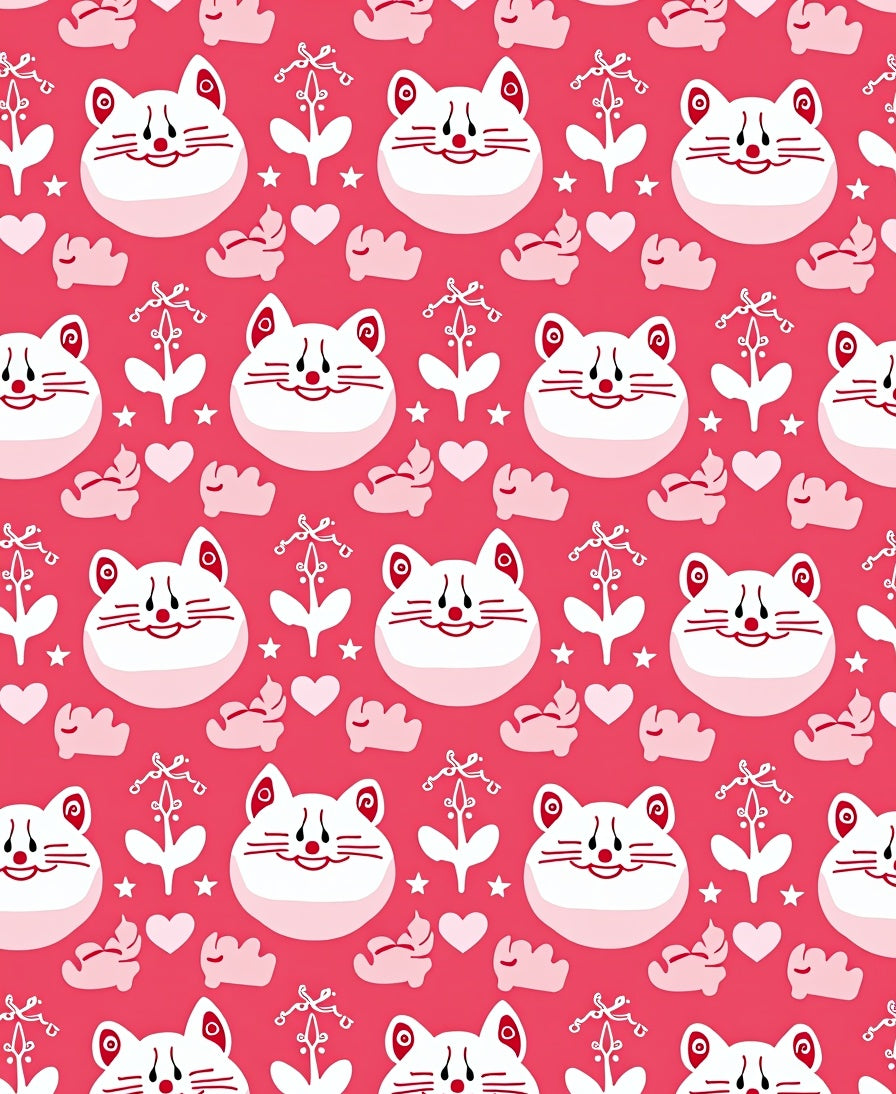 Cute White Cats Pink Heart Floral Rug