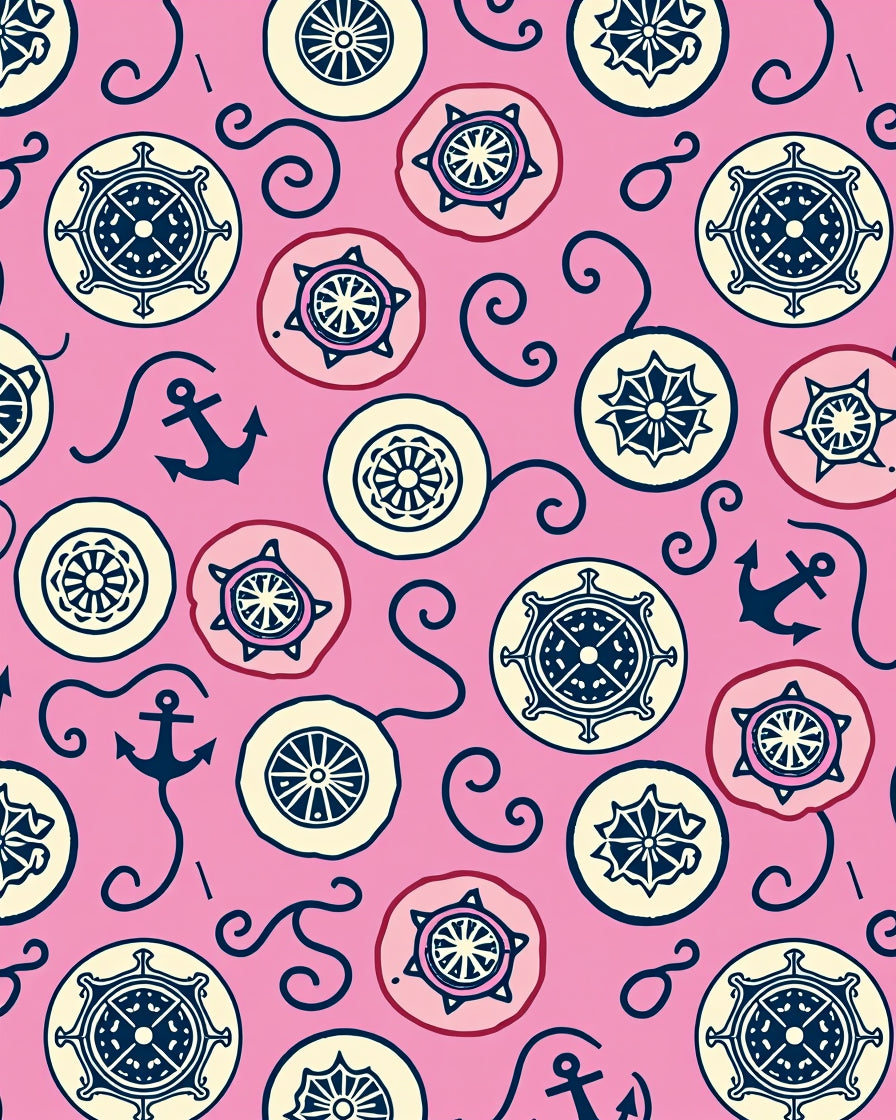 Nautical Pink Ships Wheel Anchor Swirl Rug