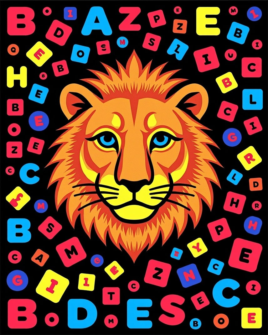 Bold Lion Head Alphabet Collage Rug
