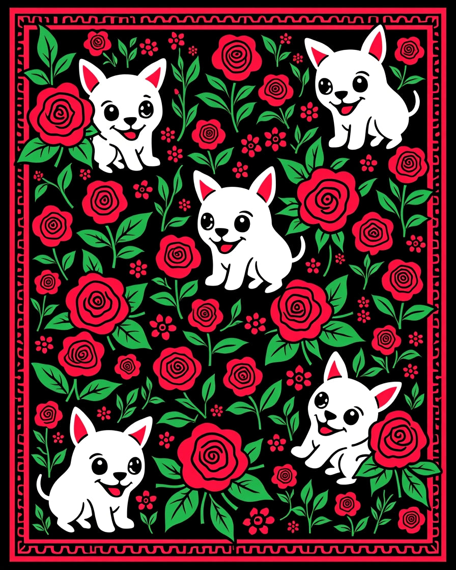 Charming White Chihuahuas Red Roses Rug