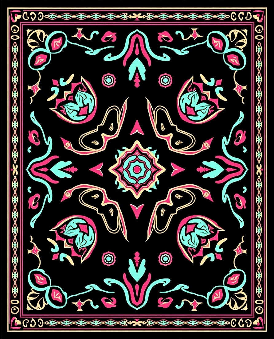 Vibrant Black Flamingo Abstract Medallion Rug