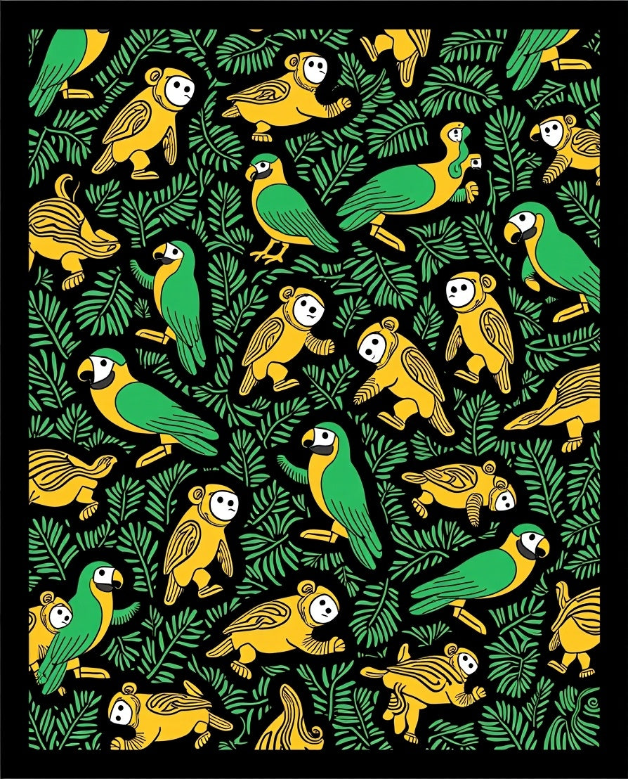 Yellow Green Tropical Bird Foliage Rug