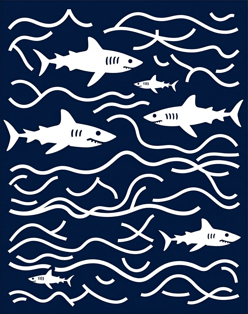 Navy Blue Shark Ocean Waves Rug