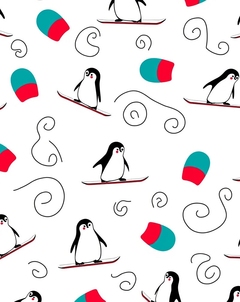 Cute Penguin Snowboarding Red Turquoise Swirls Rug