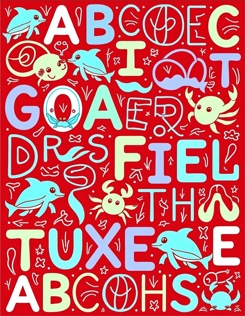 Alphabet Sea Creatures Red Collection Rug