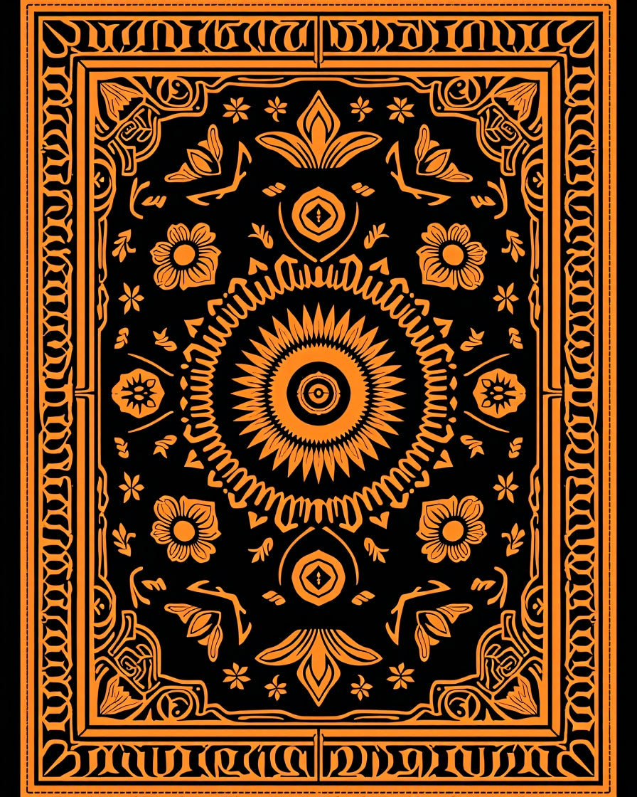 Orange Black Sun Floral Medallion Rug
