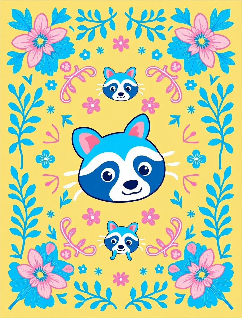 Playful Raccoon Floral Garden Yellow Rug