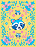 Playful Raccoon Floral Garden Yellow Rug
