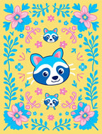 Playful Raccoon Floral Garden Yellow Rug