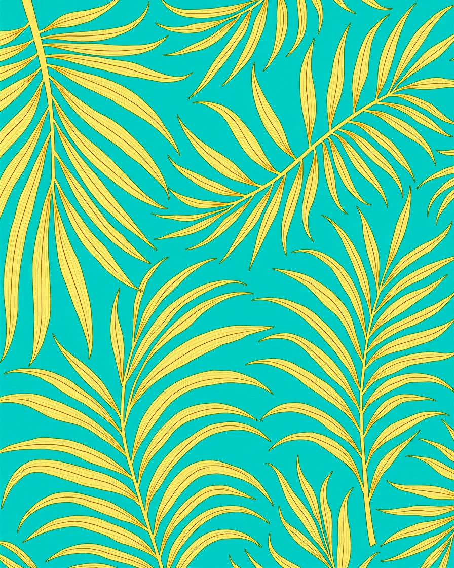 Vibrant Yellow Palm Frond Teal Background Rug