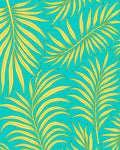 Vibrant Yellow Palm Frond Teal Background Rug