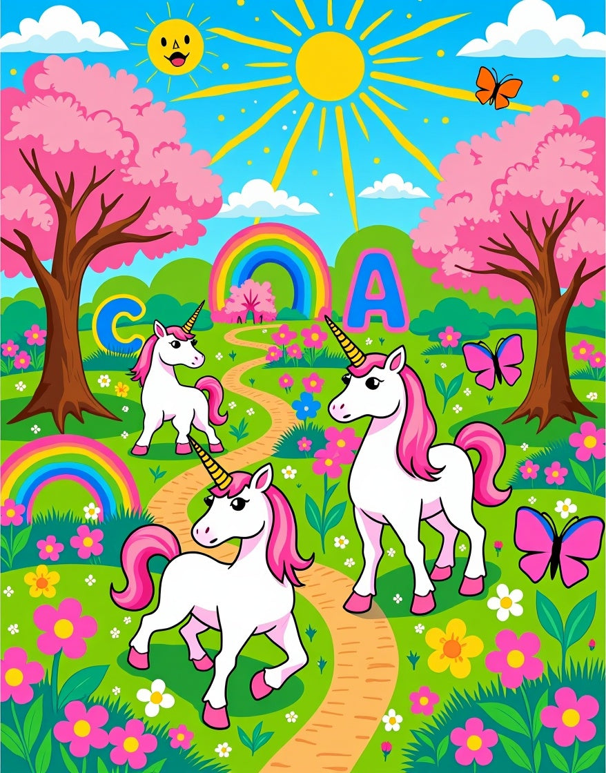 Pink Unicorns And Rainbows Garden Scene Rug