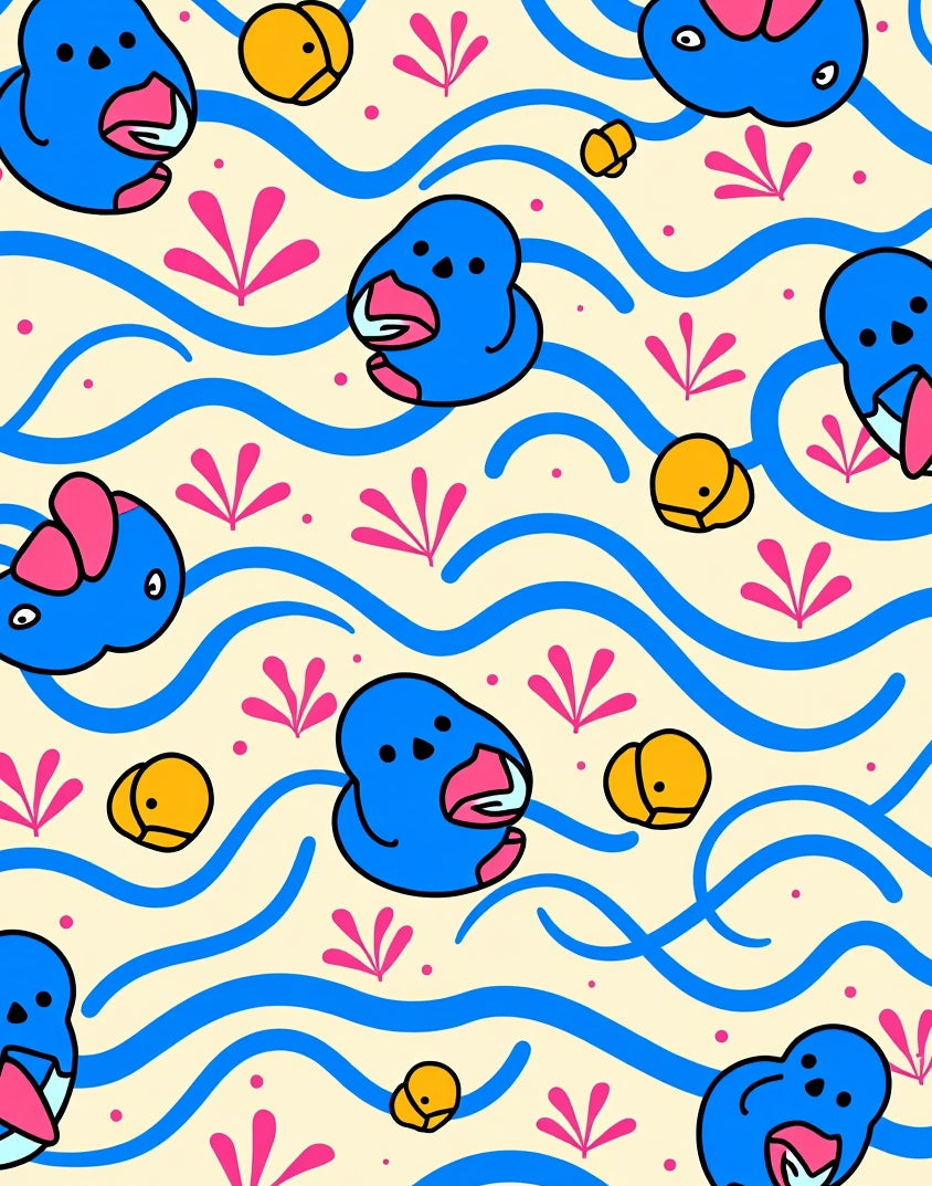 Blue Whimsical Ducks Yellow Bubbles Rug