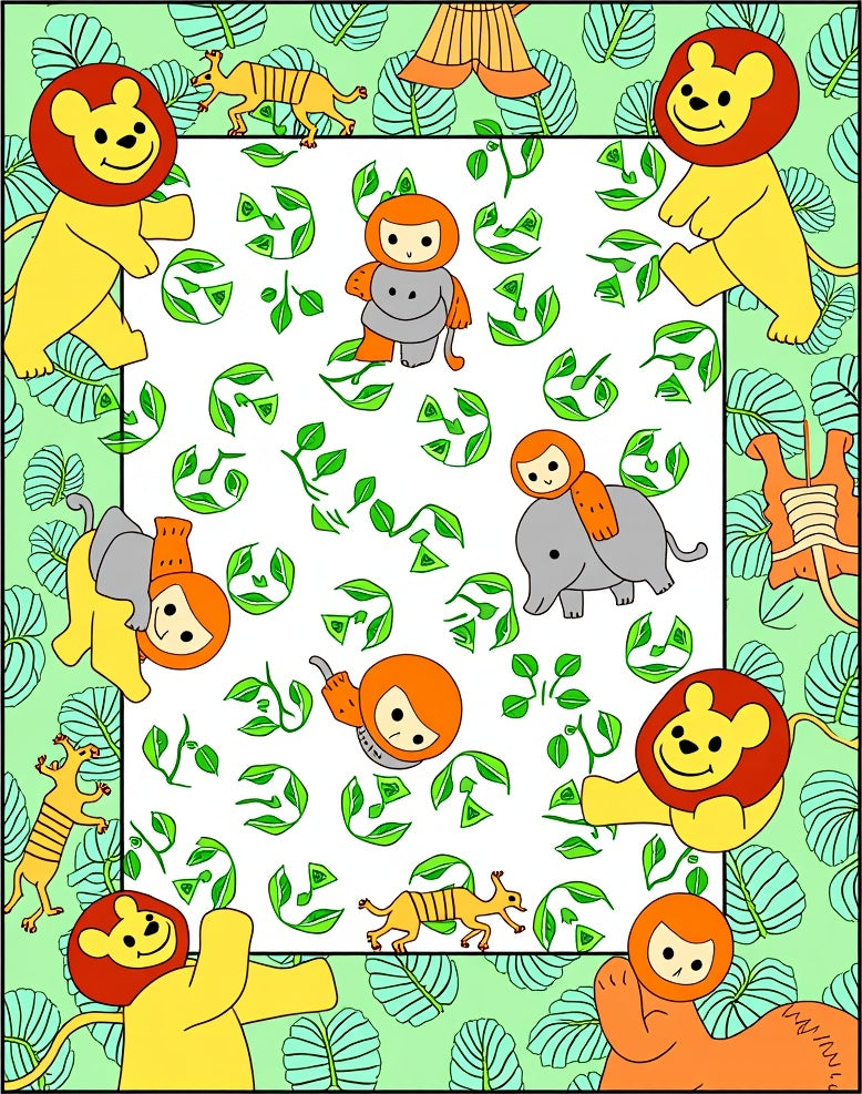 Playful Jungle Animals Green Leaf Border Rug