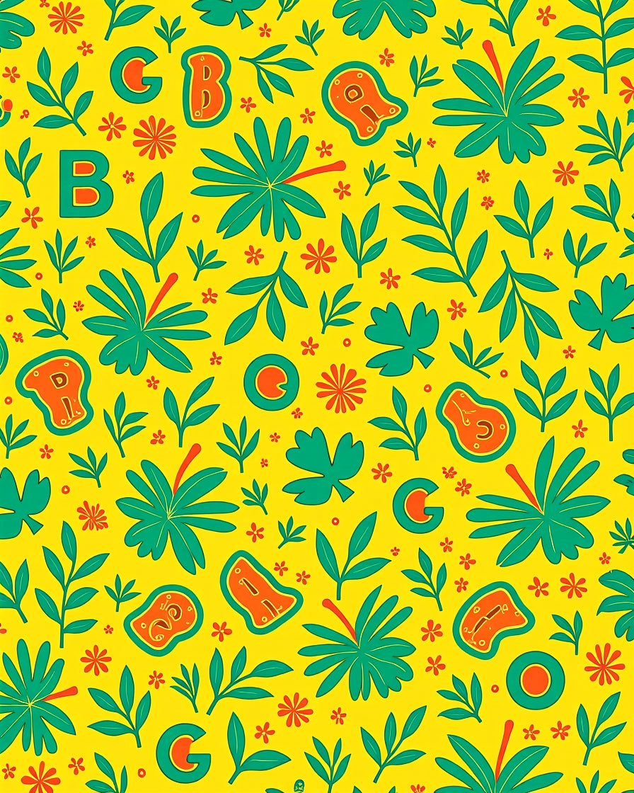Bright Yellow Tropical Leaf and Letter Rug