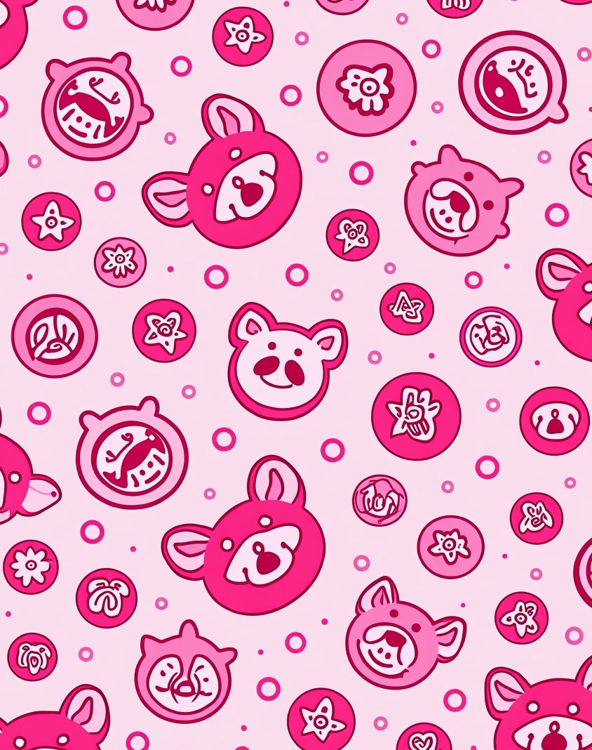 Pink Kawaii Animal Faces Circles Rug