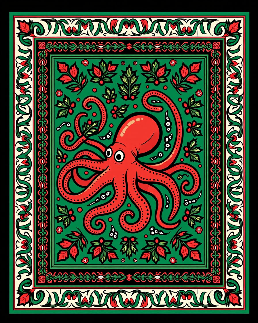 Red Octopus Green Floral Border Rug