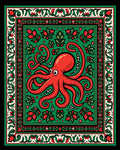 Red Octopus Green Floral Border Rug