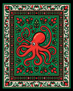 Red Octopus Green Floral Border Rug