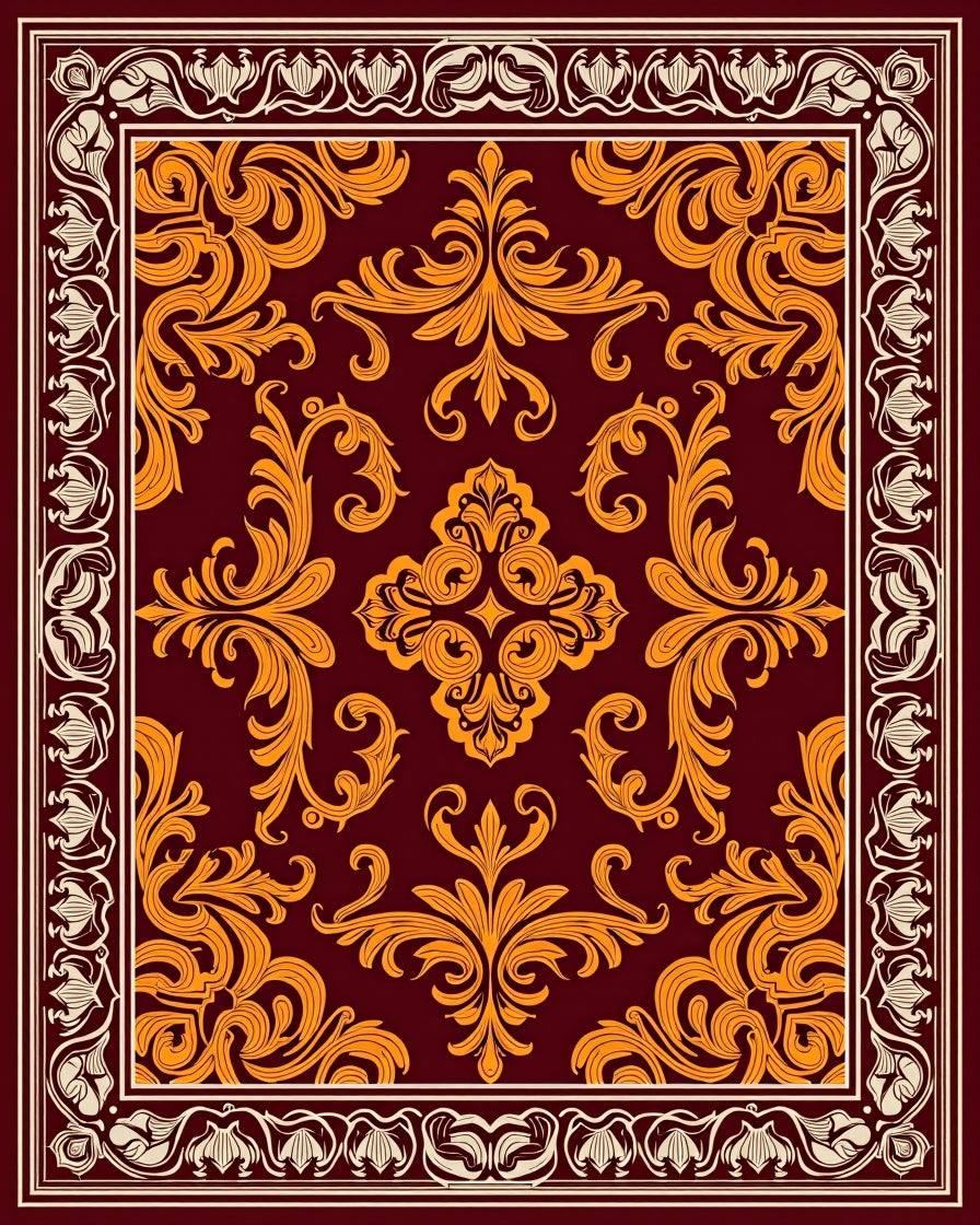 Rich Burgundy Golden Floral Scrollwork Rug